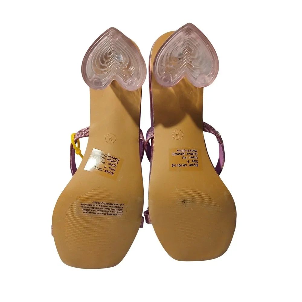 Iridescent Pink Square Toe Sandals Clear Heart Block Heel OM-P24-169 Womens 9‎